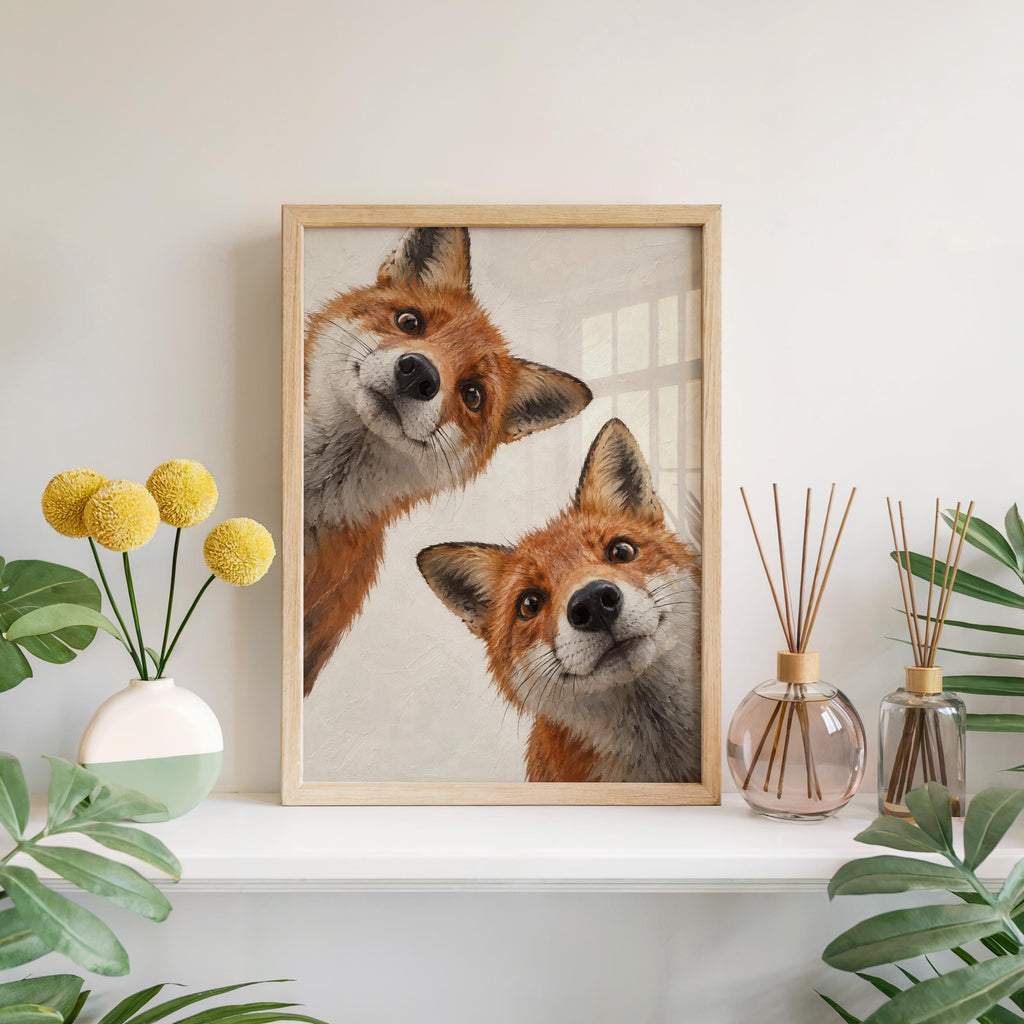 Curious Red Foxes Wall Art, Whimsical Fox Painting, Cute Autumn Print, Rustic Woodland Wildlife Gift, Forest Animal Nursery Decor