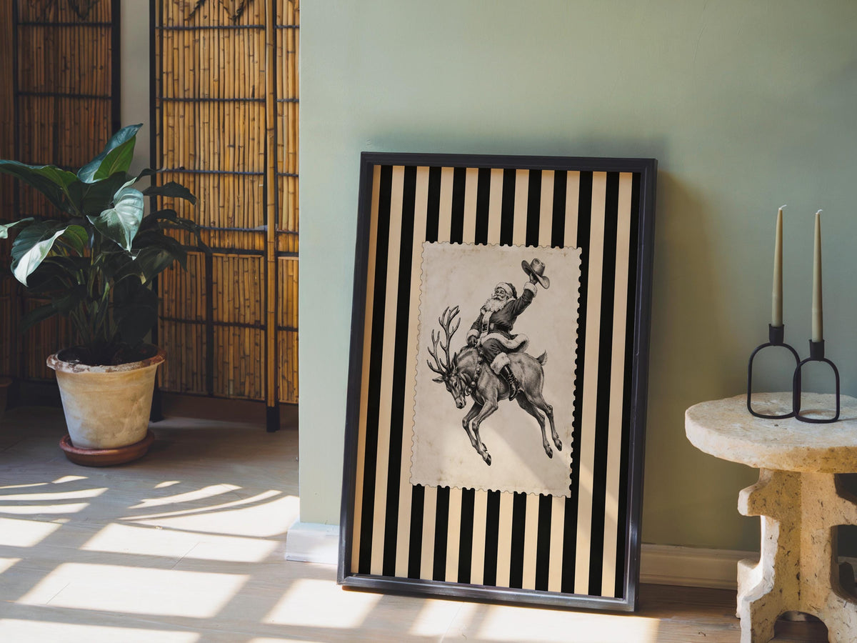 Cowboy Santa Rodeo Wall Art, Vintage Striped Western Christmas Print, Old Fashioned Post Stamp Santa Claus Decor, Holiday Season Sketch