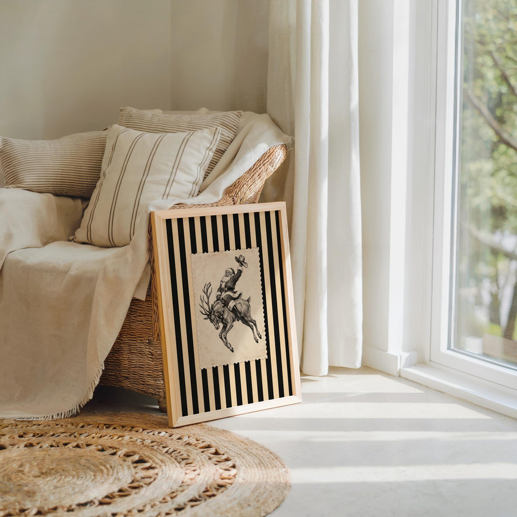 Cowboy Santa Rodeo Wall Art, Vintage Striped Western Christmas Print, Old Fashioned Post Stamp Santa Claus Decor, Holiday Season Sketch