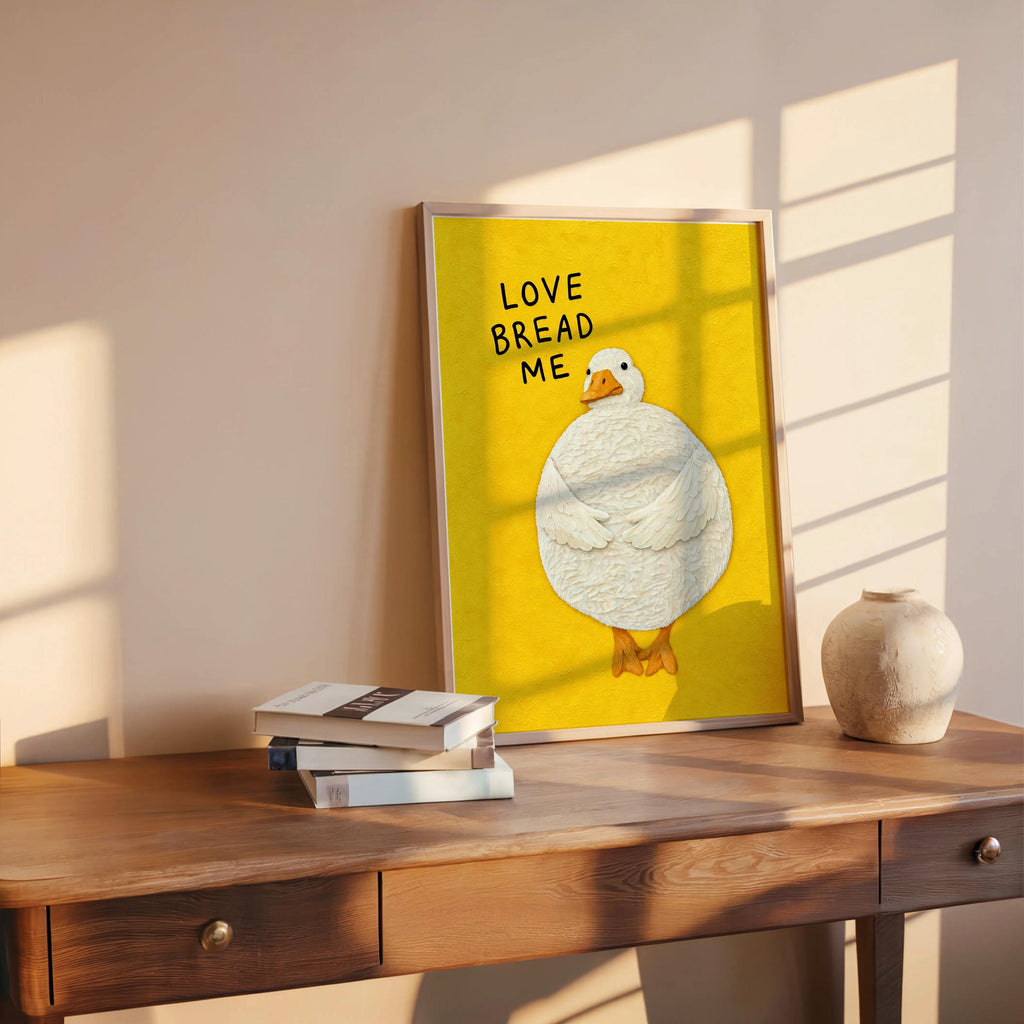 Love Bread Me Duck Print, Silly Goose Quote Wall Art, Cute Farmhouse Bird Poster, Yellow Kitchen Illustration