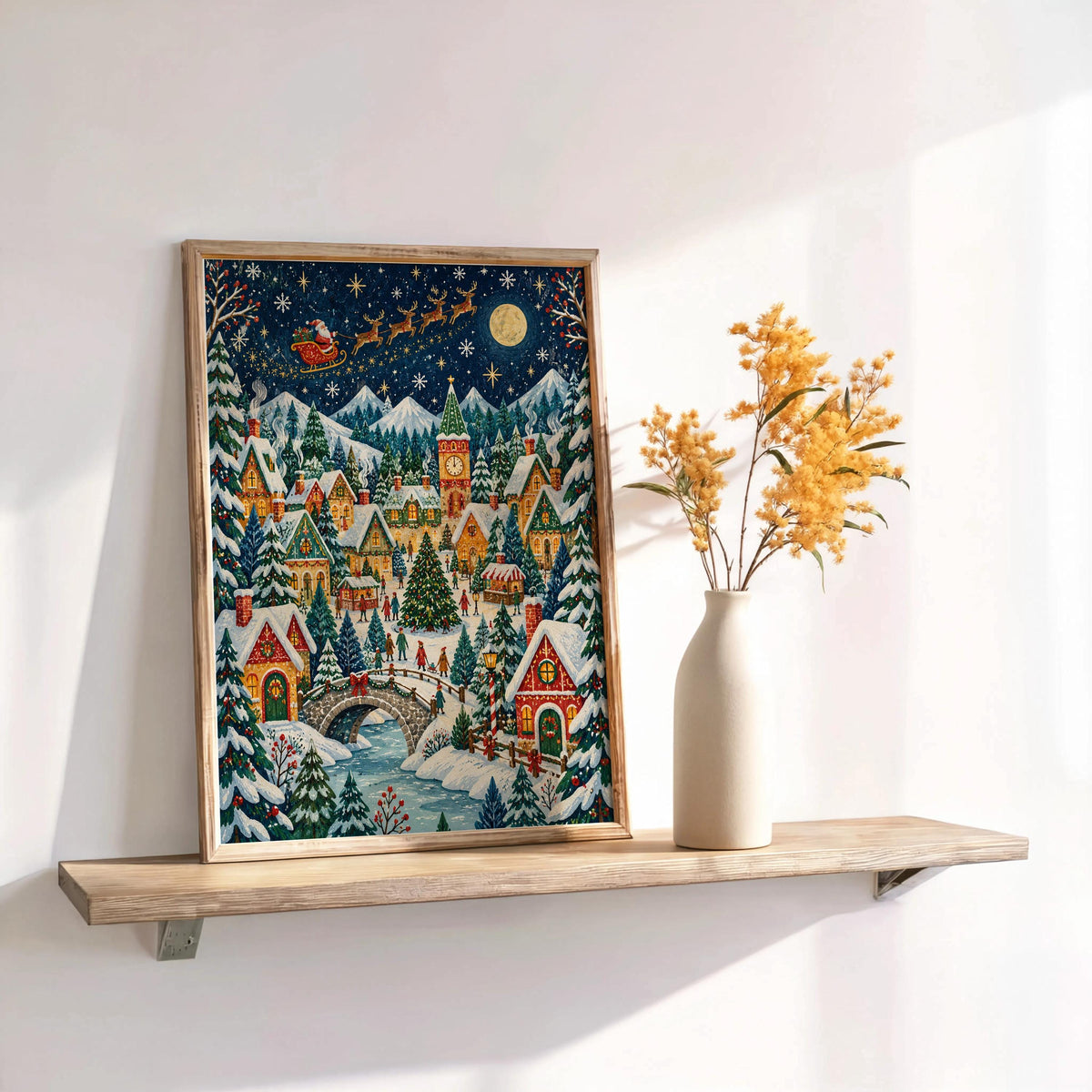 Christmas Village & Santa Claus Wall Art, Vintage Folk Illustration, Snowy Holiday Town Decor, Whimsical Reindeer Forest Print