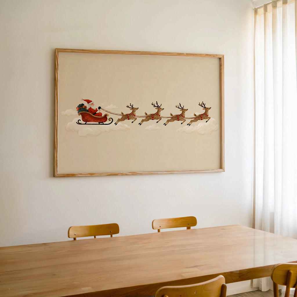Santa Sleigh Reindeer Wall Art, Vintage Folk Christmas Illustration, Minimalist Holiday Print, Whimsical Winter Decor