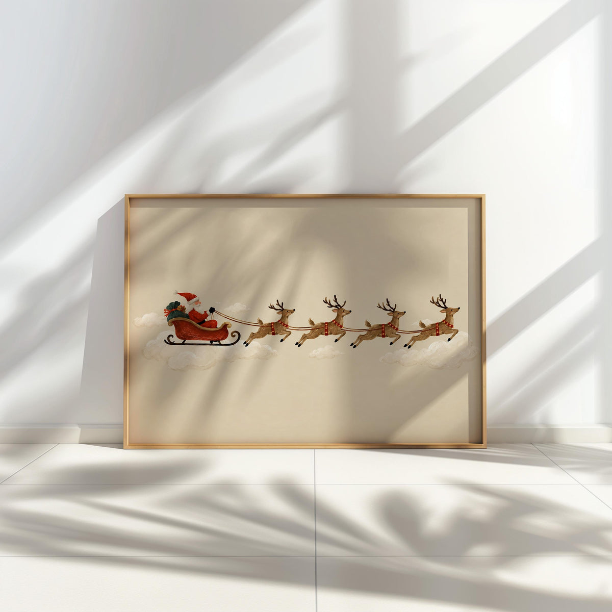 Santa Sleigh Reindeer Wall Art, Vintage Folk Christmas Illustration, Minimalist Holiday Print, Whimsical Winter Decor