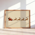 Santa Sleigh Reindeer Wall Art, Vintage Folk Christmas Illustration, Minimalist Holiday Print, Whimsical Winter Decor