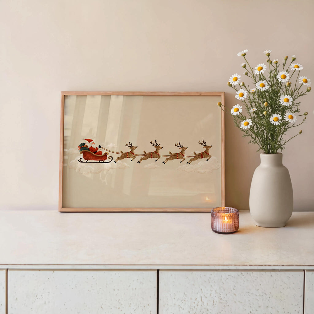 Santa Sleigh Reindeer Wall Art, Vintage Folk Christmas Illustration, Minimalist Holiday Print, Whimsical Winter Decor