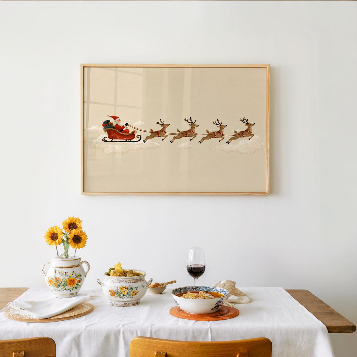 Santa Sleigh Reindeer Wall Art, Vintage Folk Christmas Illustration, Minimalist Holiday Print, Whimsical Winter Decor