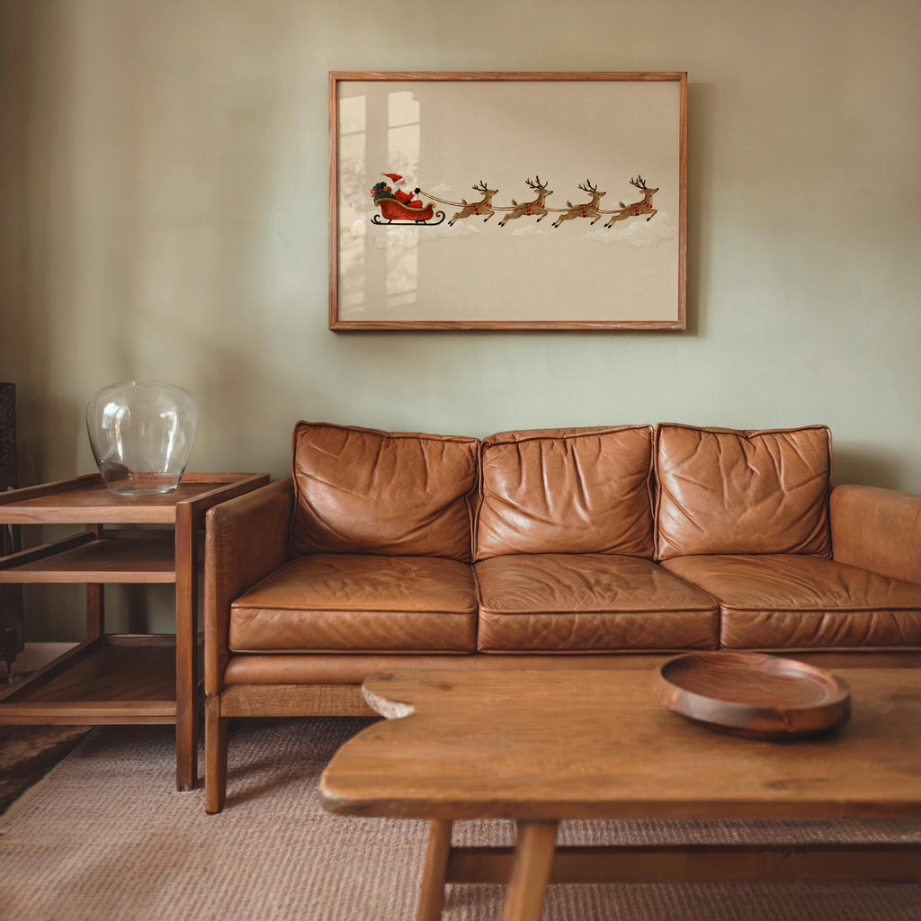 Santa Sleigh Reindeer Wall Art, Vintage Folk Christmas Illustration, Minimalist Holiday Print, Whimsical Winter Decor