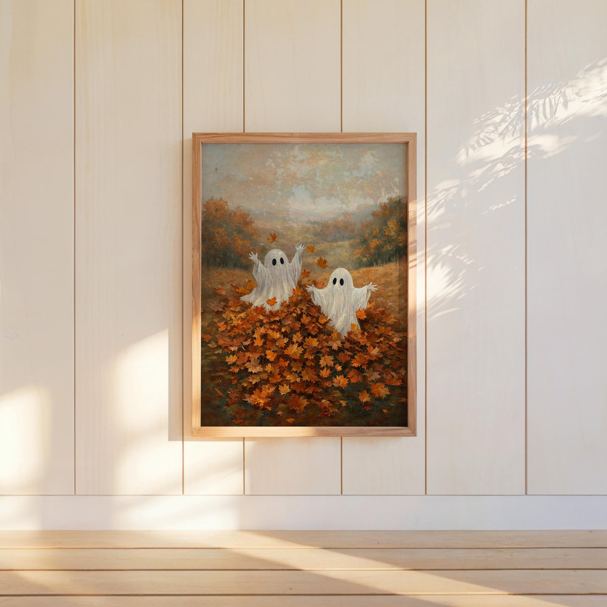 Ghosts Playing in Autumn Leaves Print, Whimsical Halloween Wall Art, Spooky Season Folk Art, Cute Harvest Fall Gift