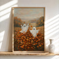 Ghosts Playing in Autumn Leaves Print, Whimsical Halloween Wall Art, Spooky Season Folk Art, Cute Harvest Fall Gift