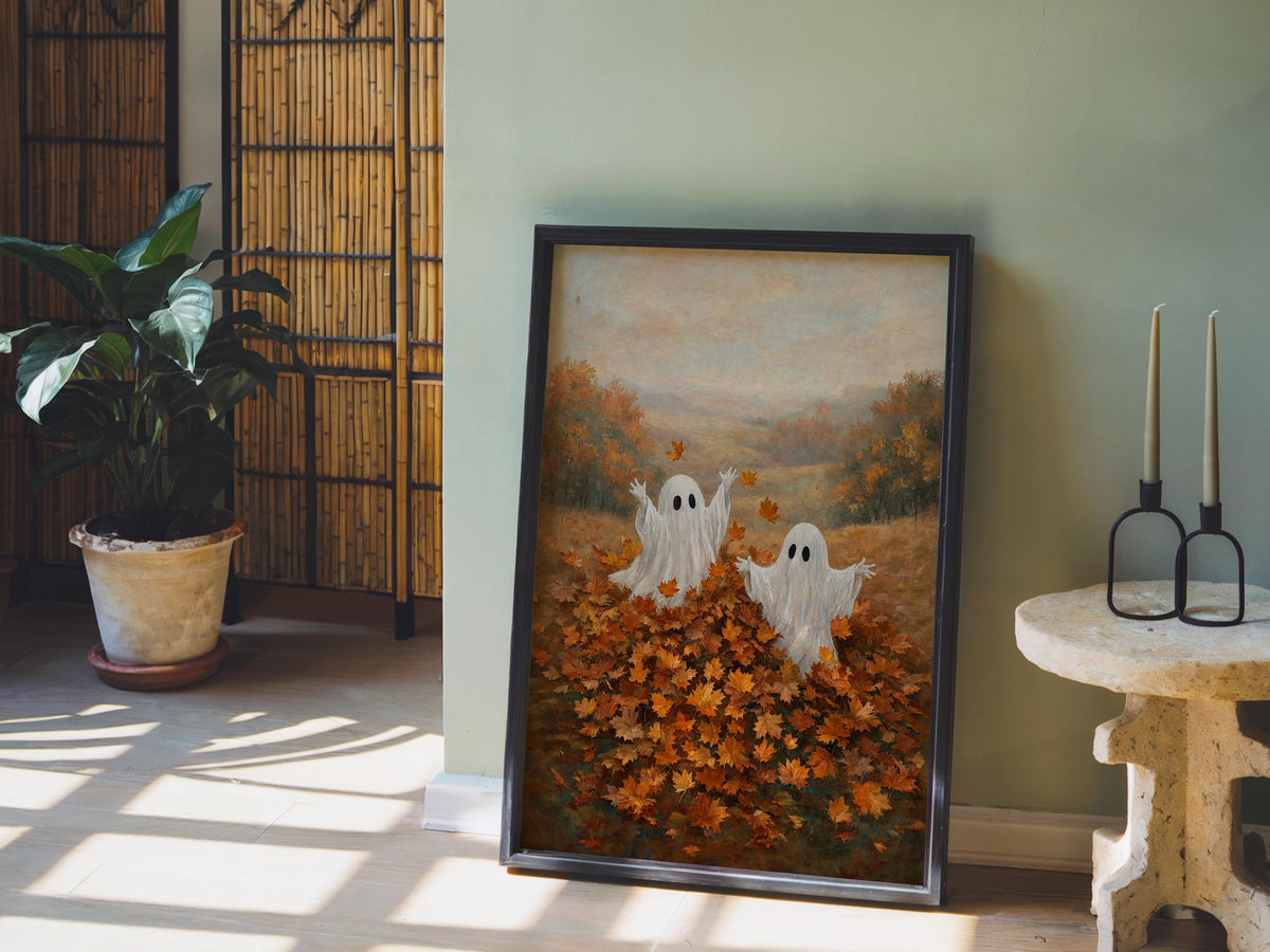 Ghosts Playing in Autumn Leaves Print, Whimsical Halloween Wall Art, Spooky Season Folk Art, Cute Harvest Fall Gift