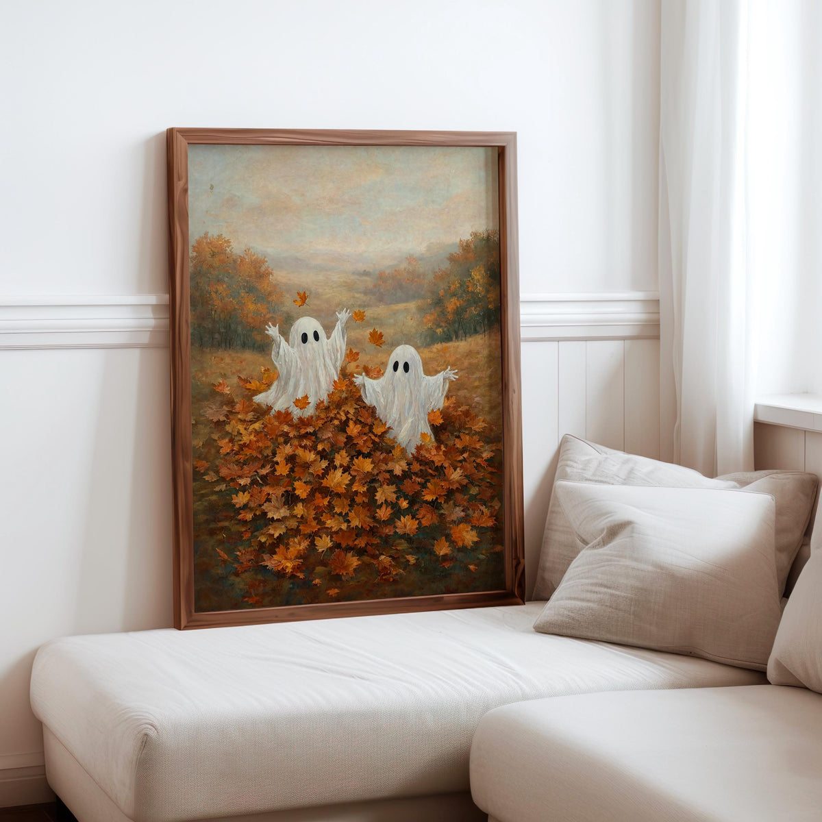 Ghosts Playing in Autumn Leaves Print, Whimsical Halloween Wall Art, Spooky Season Folk Art, Cute Harvest Fall Gift