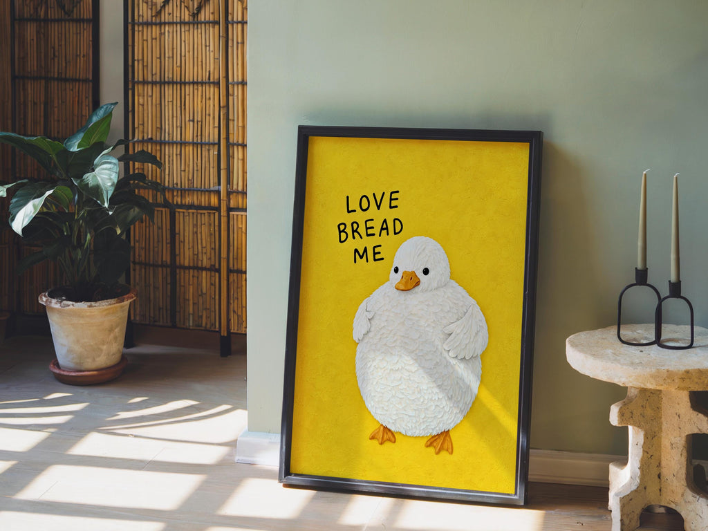 Funny Fluffy Duck Print, Love Bread Me Quote Wall Art, Cute Whimsical Poster, Quirky Bird Lover Gift, Kitchen Foodie Decor
