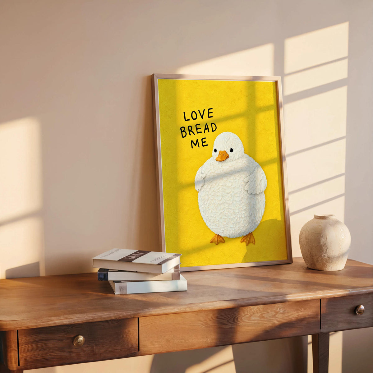 Funny Fluffy Duck Print, Love Bread Me Quote Wall Art, Cute Whimsical Poster, Quirky Bird Lover Gift, Kitchen Foodie Decor