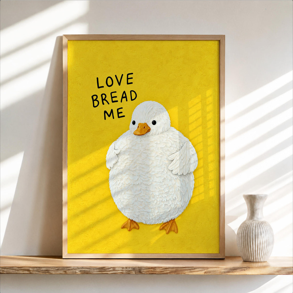 Funny Fluffy Duck Print, Love Bread Me Quote Wall Art, Cute Whimsical Poster, Quirky Bird Lover Gift, Kitchen Foodie Decor