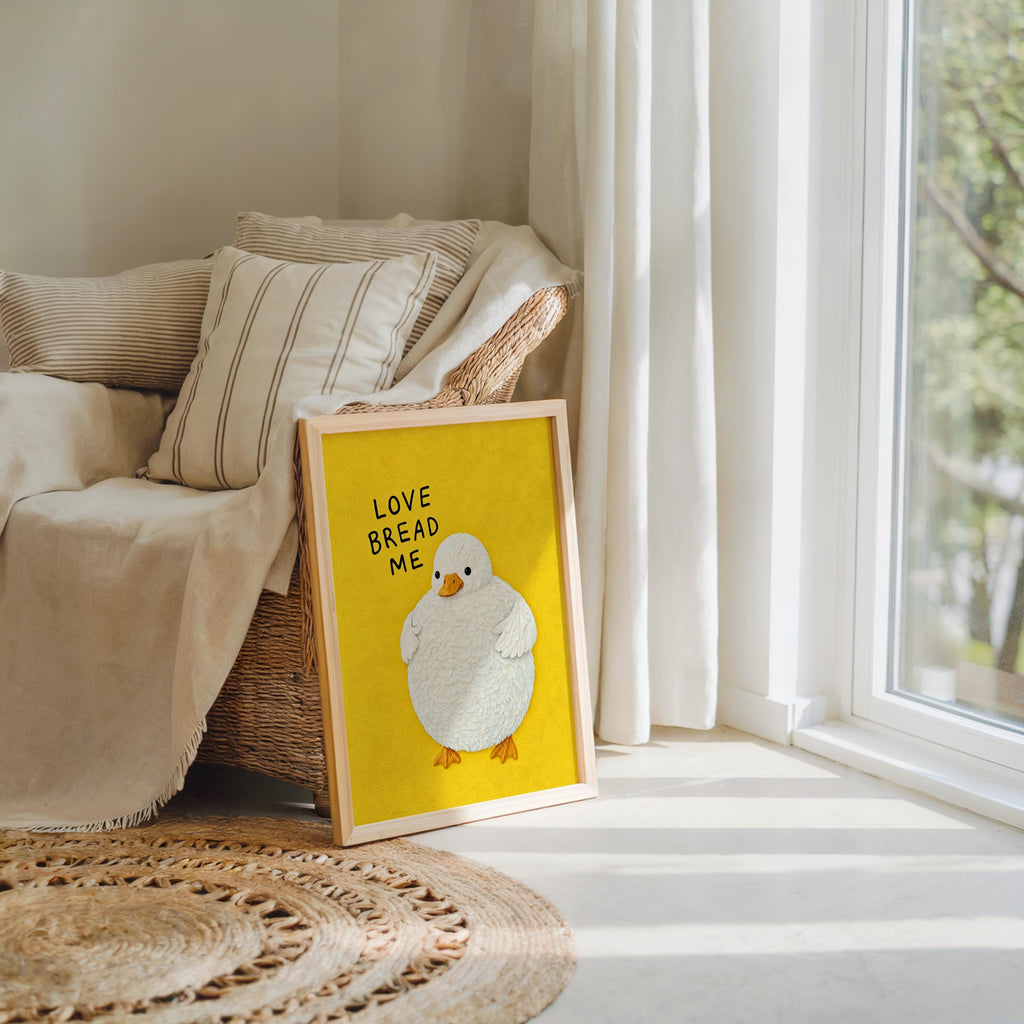 Funny Fluffy Duck Print, Love Bread Me Quote Wall Art, Cute Whimsical Poster, Quirky Bird Lover Gift, Kitchen Foodie Decor