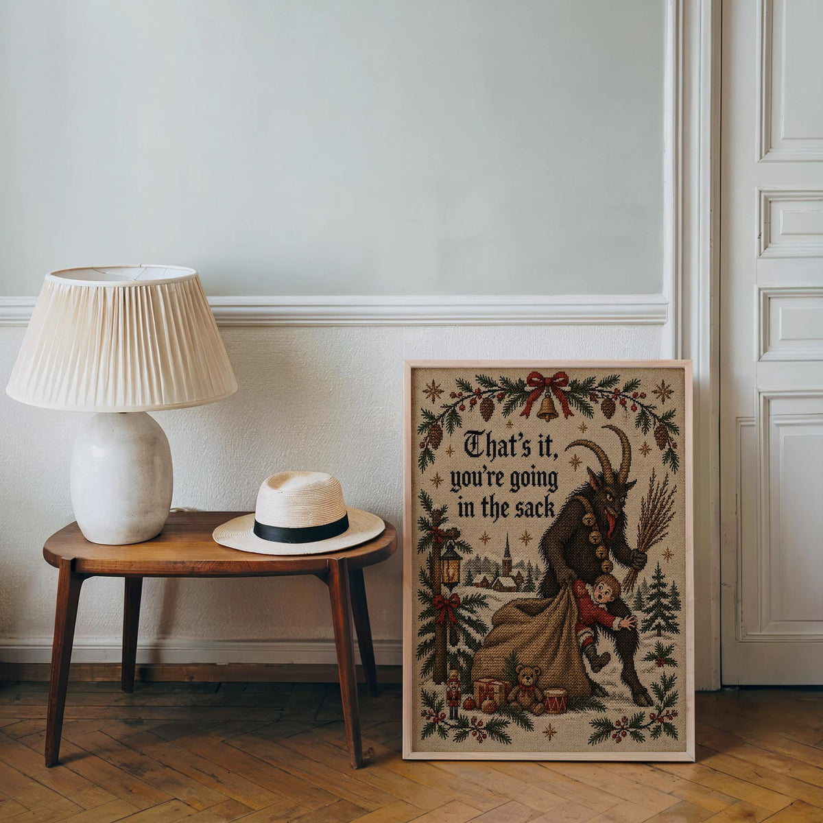 Krampus Christmas Wall Art, Funny That's It You're Going In Sack Print, German Folklore Poster, Gothic Xmas Decor Occult Winter Cross Stitch