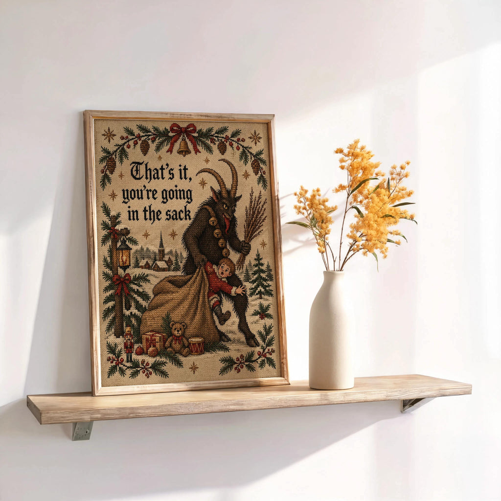 Krampus Christmas Wall Art, Funny That's It You're Going In Sack Print, German Folklore Poster, Gothic Xmas Decor Occult Winter Cross Stitch