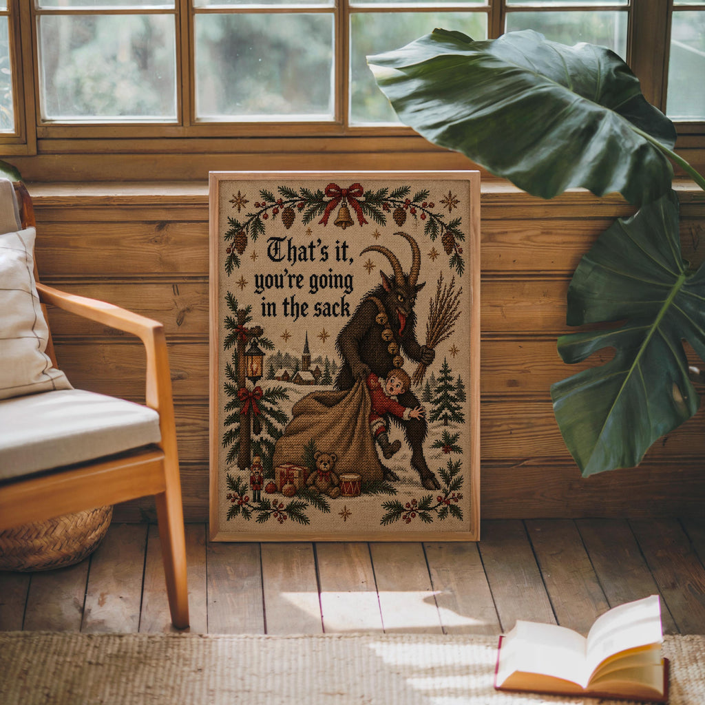 Krampus Christmas Wall Art, Funny That's It You're Going In Sack Print, German Folklore Poster, Gothic Xmas Decor Occult Winter Cross Stitch