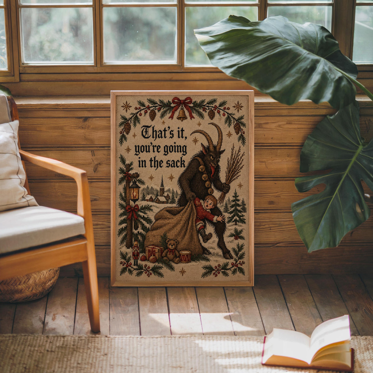 Krampus Christmas Wall Art, Funny That's It You're Going In Sack Print, German Folklore Poster, Gothic Xmas Decor Occult Winter Cross Stitch