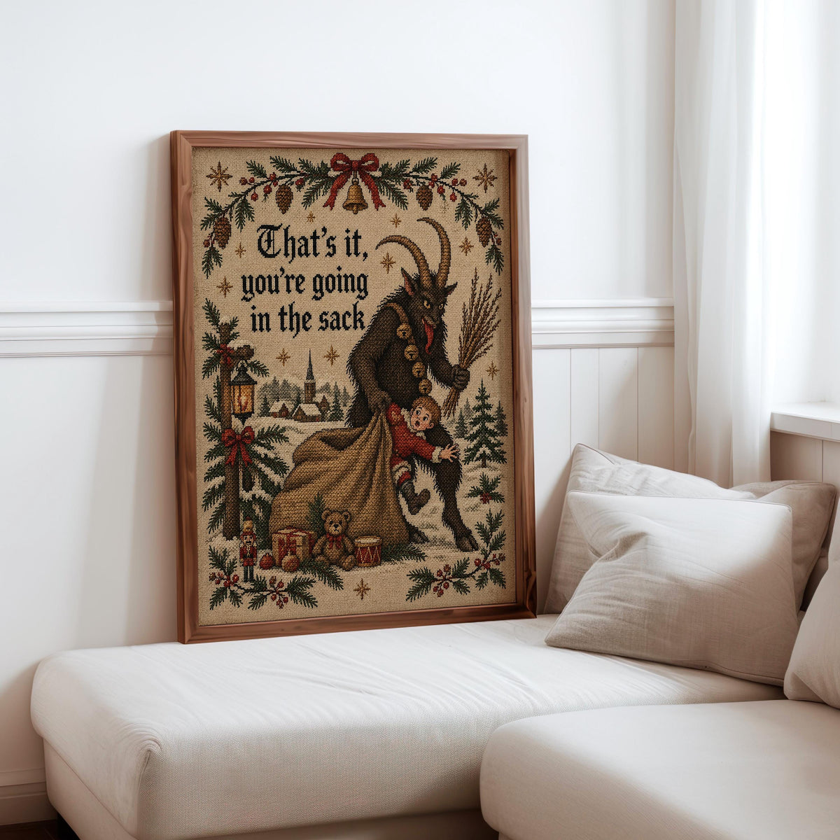 Krampus Christmas Wall Art, Funny That's It You're Going In Sack Print, German Folklore Poster, Gothic Xmas Decor Occult Winter Cross Stitch