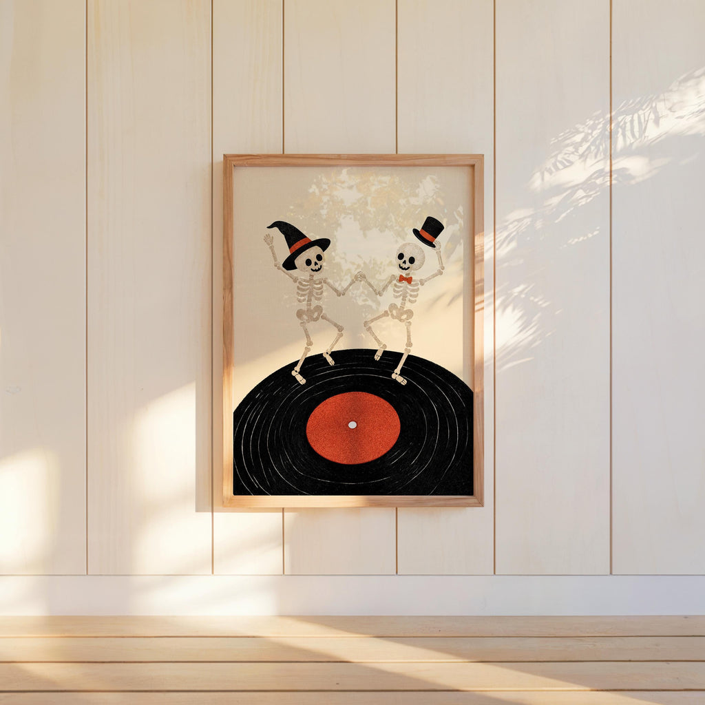 Dancing Skeleton Vinyl Record Wall Art, Retro Halloween Music Print, Spooky Party Poster, Gothic Home Decor, Music Lover Gift, Vinyl Gift