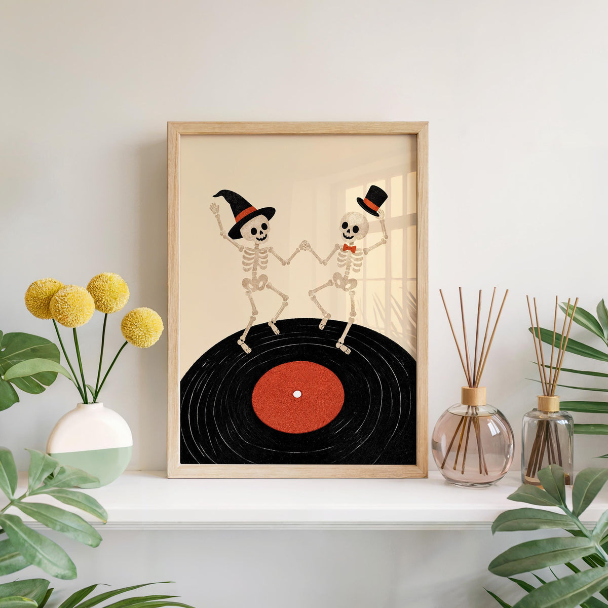 Dancing Skeleton Vinyl Record Wall Art, Retro Halloween Music Print, Spooky Party Poster, Gothic Home Decor, Music Lover Gift, Vinyl Gift