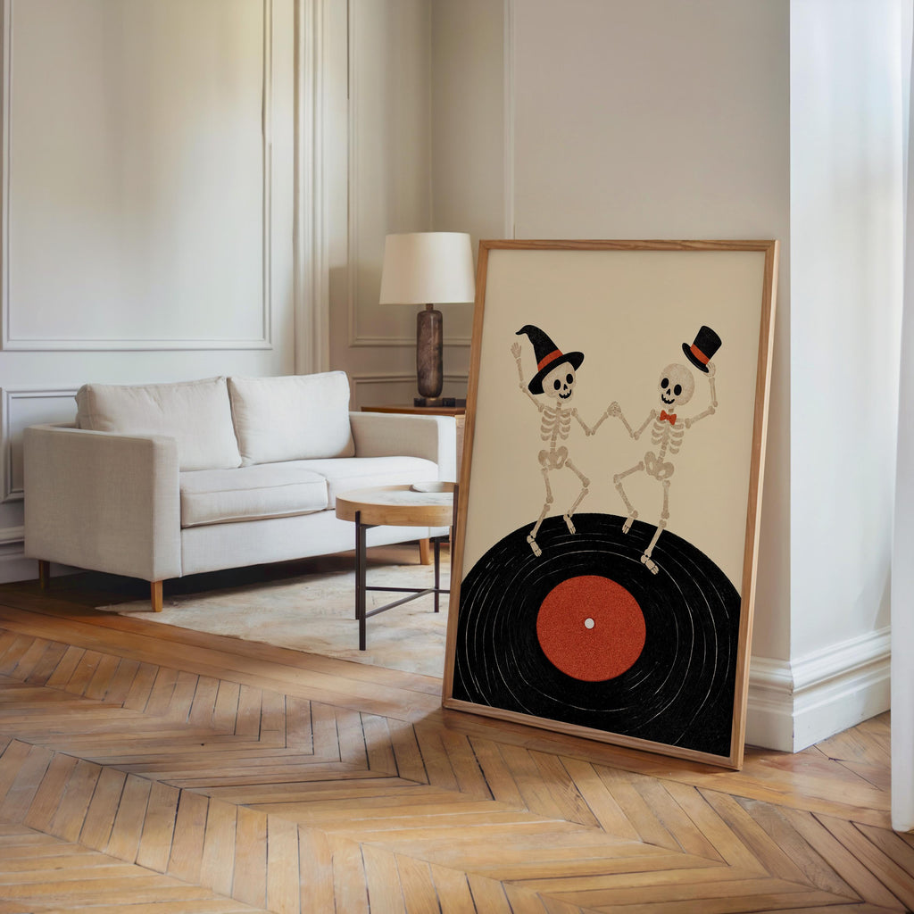 Dancing Skeleton Vinyl Record Wall Art, Retro Halloween Music Print, Spooky Party Poster, Gothic Home Decor, Music Lover Gift, Vinyl Gift