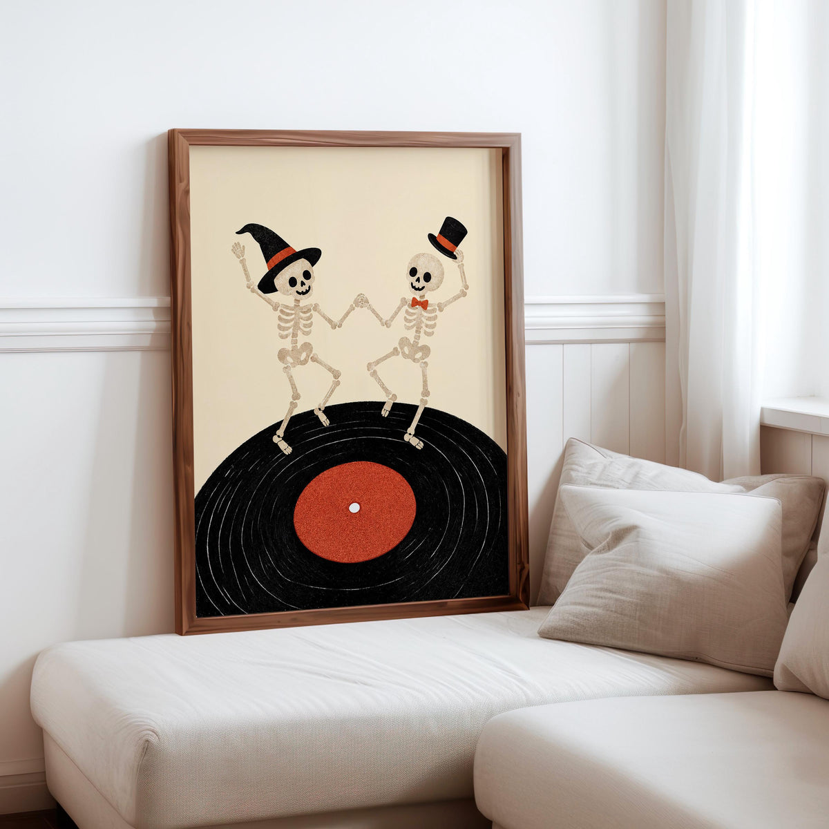 Dancing Skeleton Vinyl Record Wall Art, Retro Halloween Music Print, Spooky Party Poster, Gothic Home Decor, Music Lover Gift, Vinyl Gift