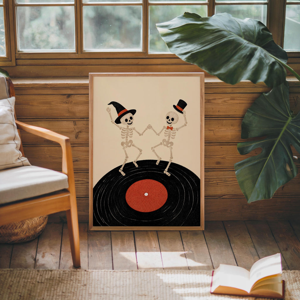 Dancing Skeleton Vinyl Record Wall Art, Retro Halloween Music Print, Spooky Party Poster, Gothic Home Decor, Music Lover Gift, Vinyl Gift