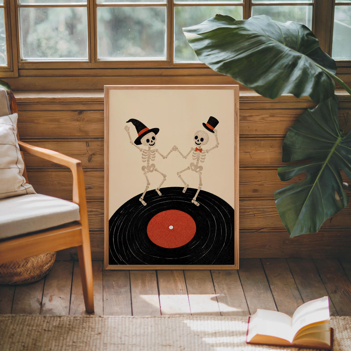 Dancing Skeleton Vinyl Record Wall Art, Retro Halloween Music Print, Spooky Party Poster, Gothic Home Decor, Music Lover Gift, Vinyl Gift