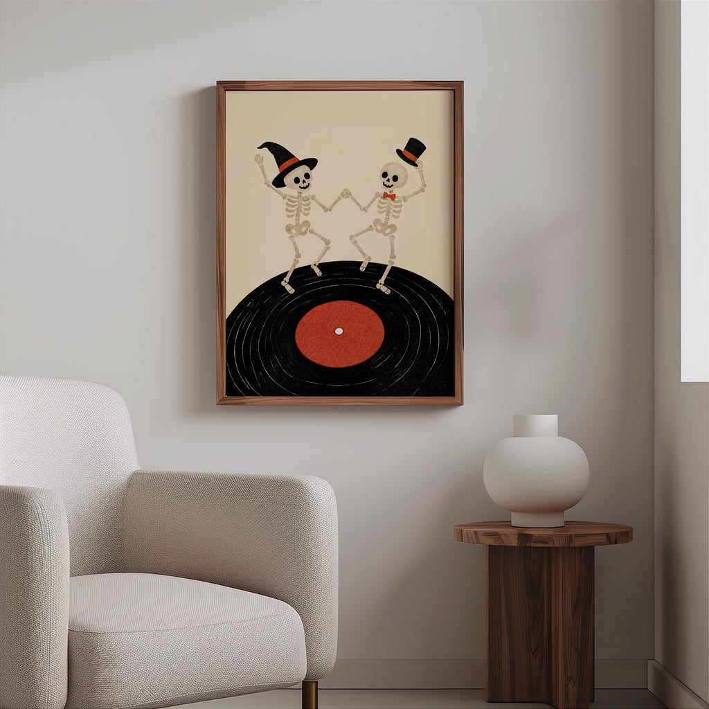 Dancing Skeleton Vinyl Record Wall Art, Retro Halloween Music Print, Spooky Party Poster, Gothic Home Decor, Music Lover Gift, Vinyl Gift