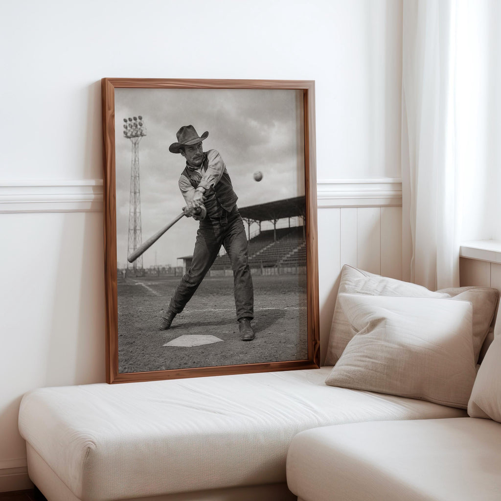Cowboy Baseball Wall Art, Surreal Vintage Sports Photography, Western Americana Print, Funny Baseball Gift, Boys Room Decor