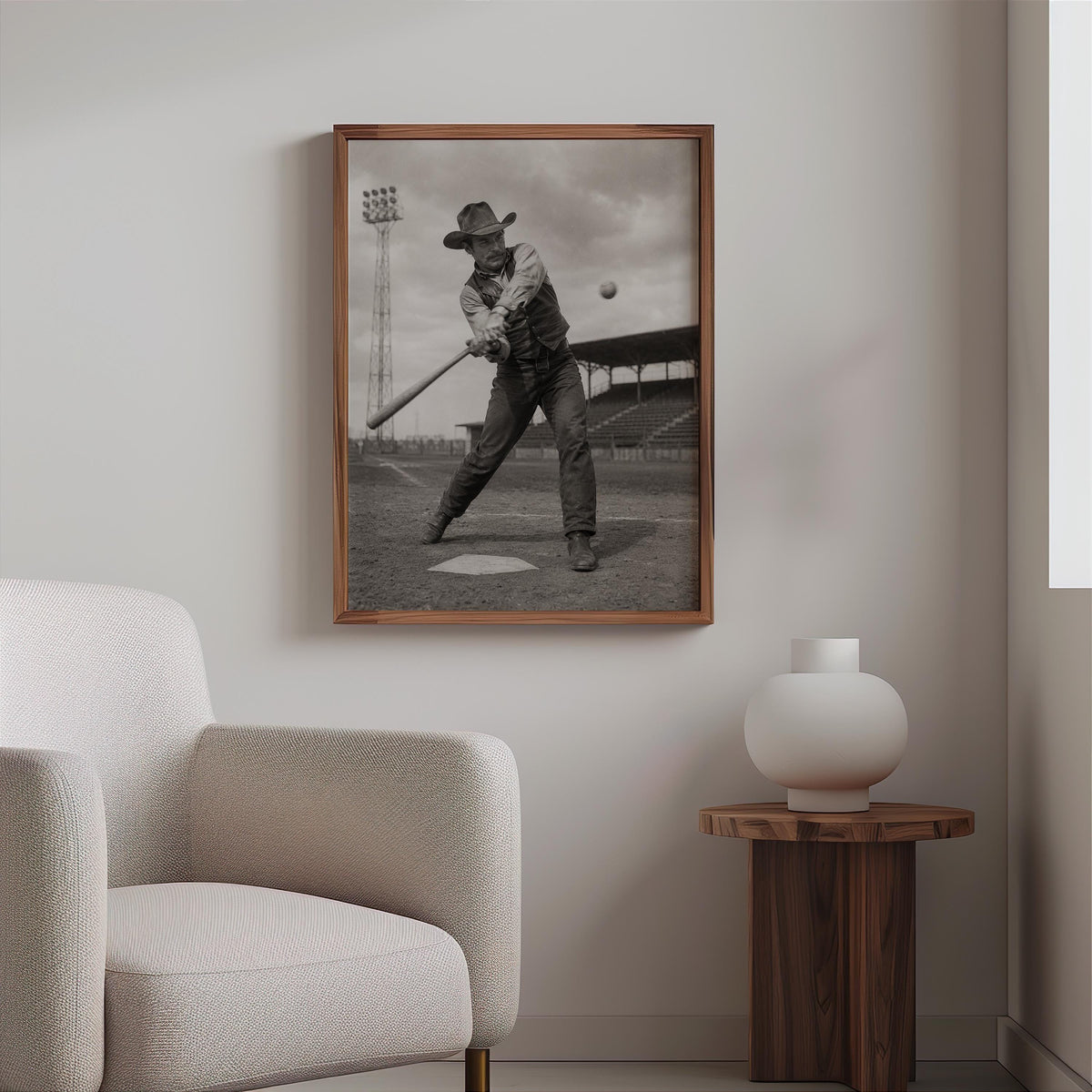 Cowboy Baseball Wall Art, Surreal Vintage Sports Photography, Western Americana Print, Funny Baseball Gift, Boys Room Decor