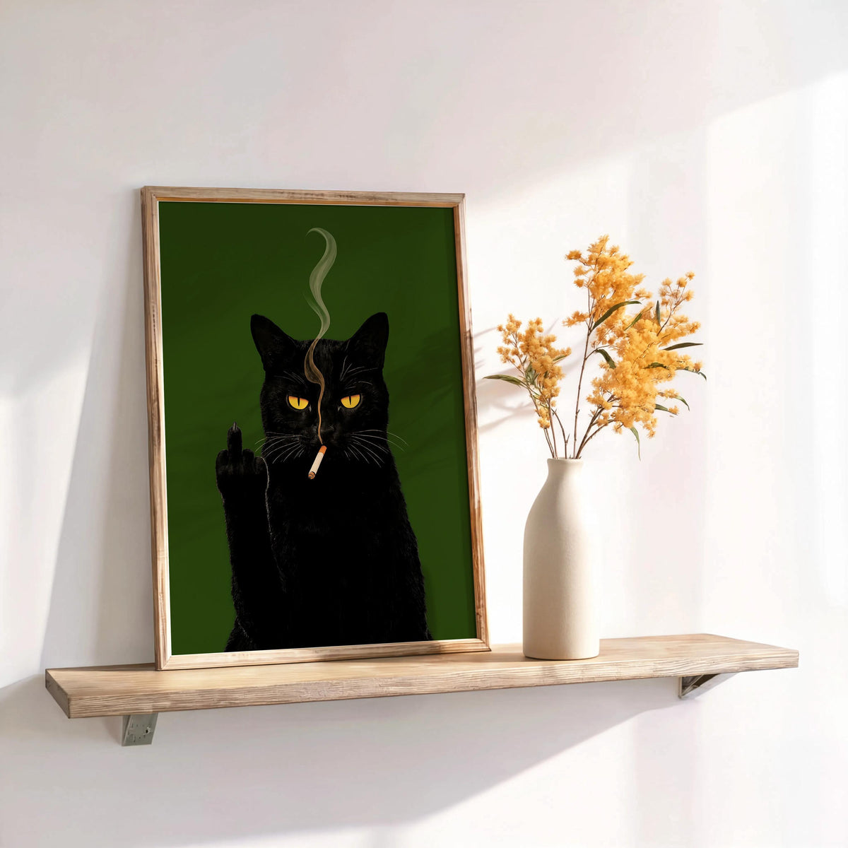 Sassy Black Cat Wall Art, Cat Smoking & Middle Finger Print, Bold Statement Decor, Cool Cat Lover Gift, Funny Pet Portrait
