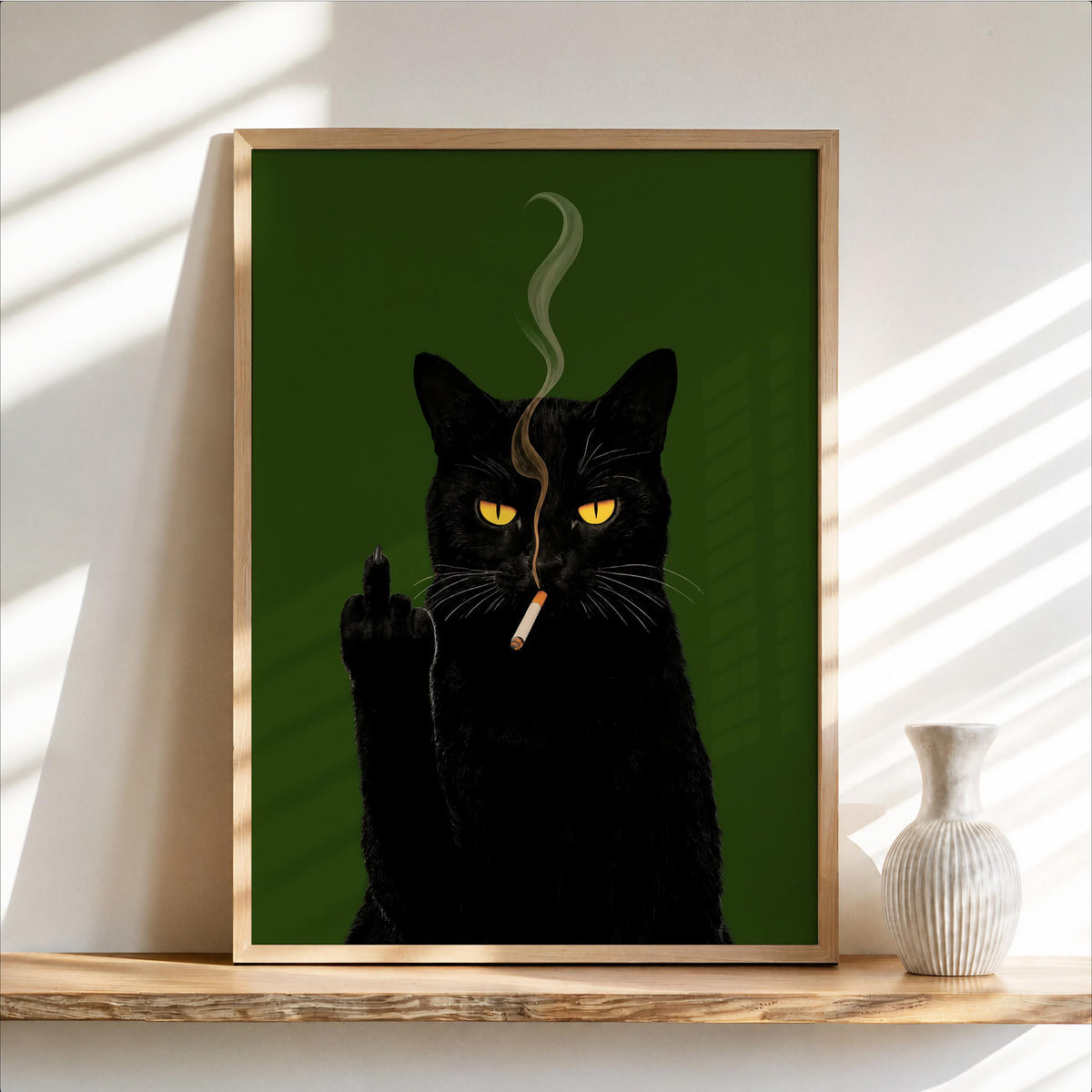 Sassy Black Cat Wall Art, Cat Smoking & Middle Finger Print, Bold Statement Decor, Cool Cat Lover Gift, Funny Pet Portrait