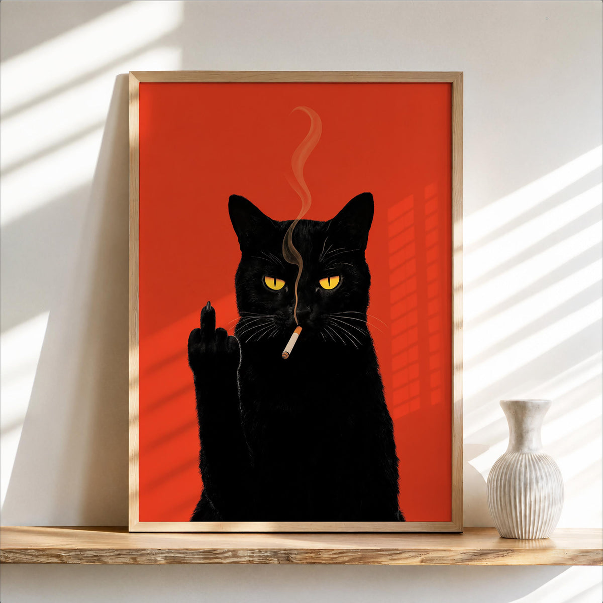 Sassy Black Cat Wall Art, Cat Smoking & Middle Finger Print, Bold Statement Decor, Cool Cat Lover Gift, Funny Pet Portrait