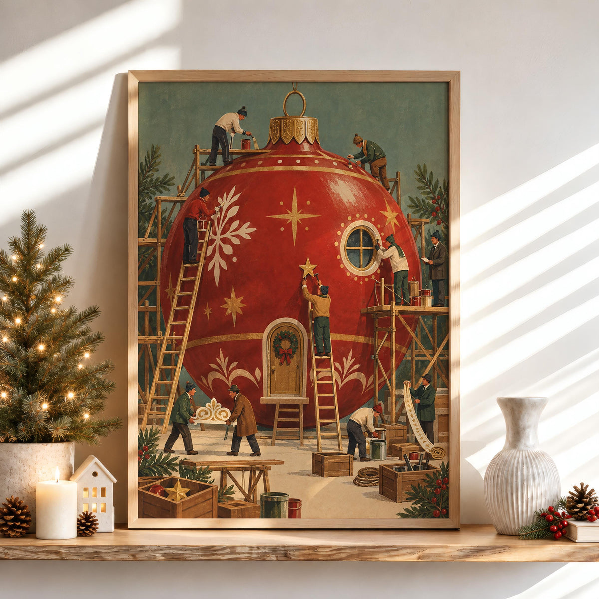 Christmas Bauble Print with Tiny Workers Wall Art, Whimsical Ornament Workshop Print, Vintage European Holiday Illustration Miniature People