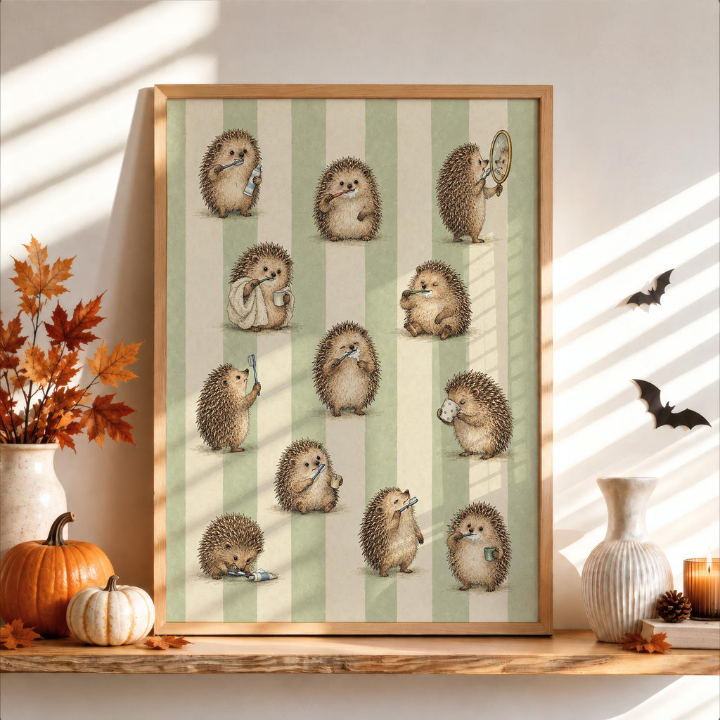 Hedgehog Brushing Teeth Print, Whimsical Animal & Toothbrush Wall Art, Vintage Green Stripe Poster, Cute Bathroom Decor, Retro Gift