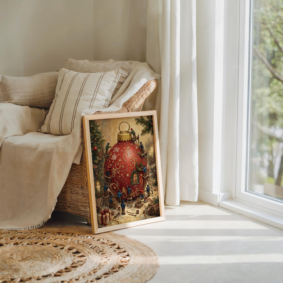 Festive winter wall art propped by a cozy armchair and rug, red ornament scene, golden painted highlights.