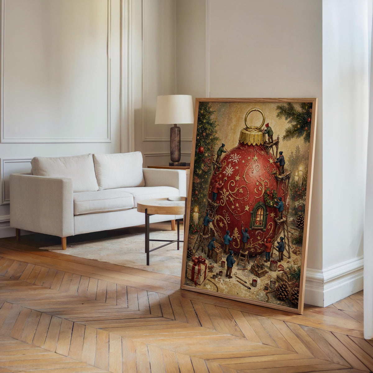 Holiday wall decor framed on hardwood floor near sofa, whimsical red ornament and tiny ladders, vintage vibe.