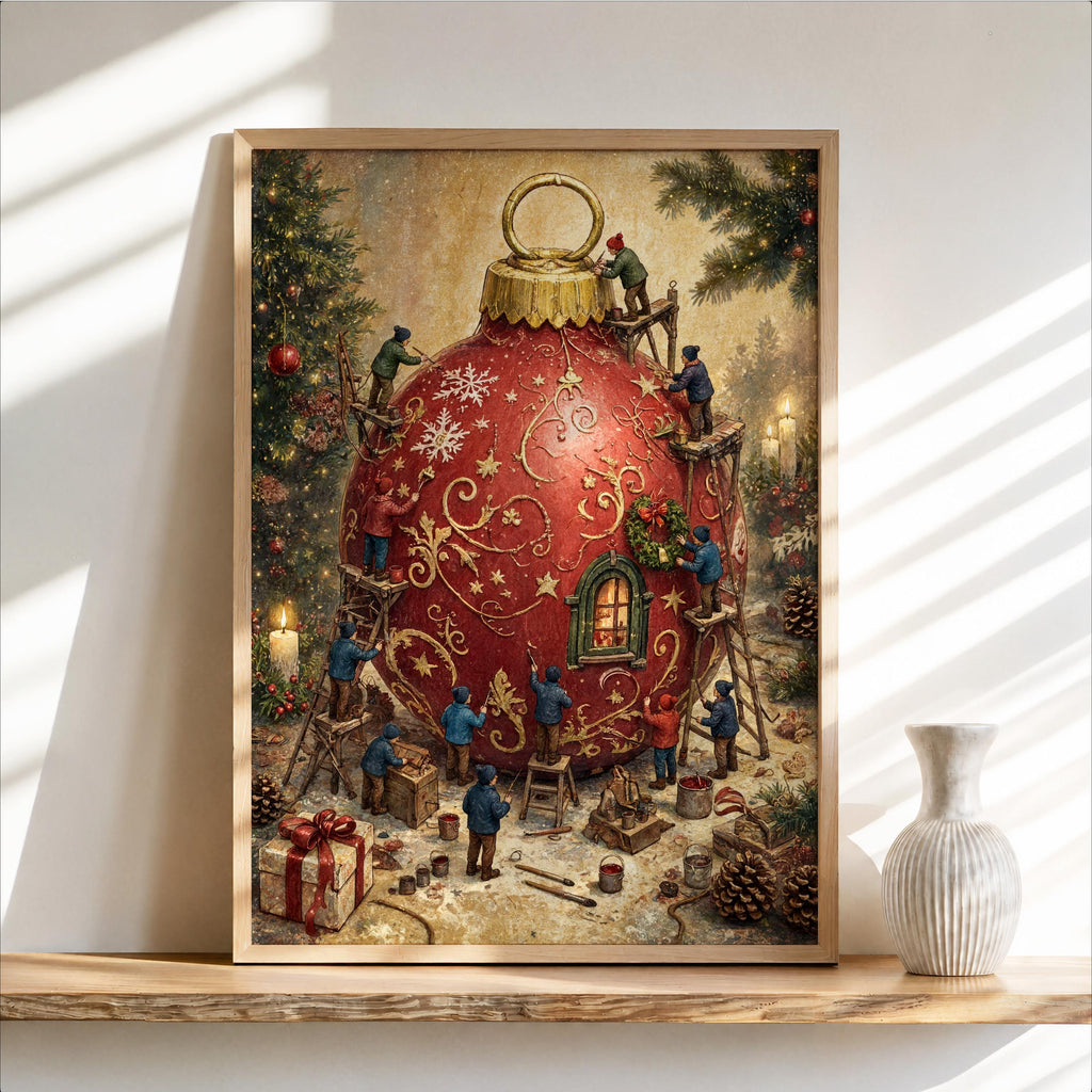 Centered Christmas bauble wall art on a wood ledge, glowing highlights and delicate foliage, festive charm.
