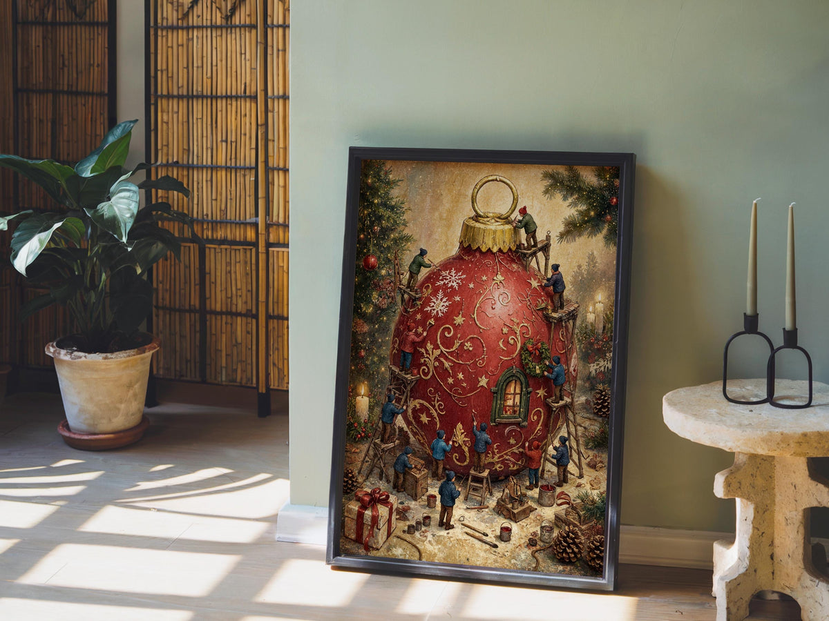 Miniature people illustration print leaning by a potted plant, detailed figures decorating giant red bauble.