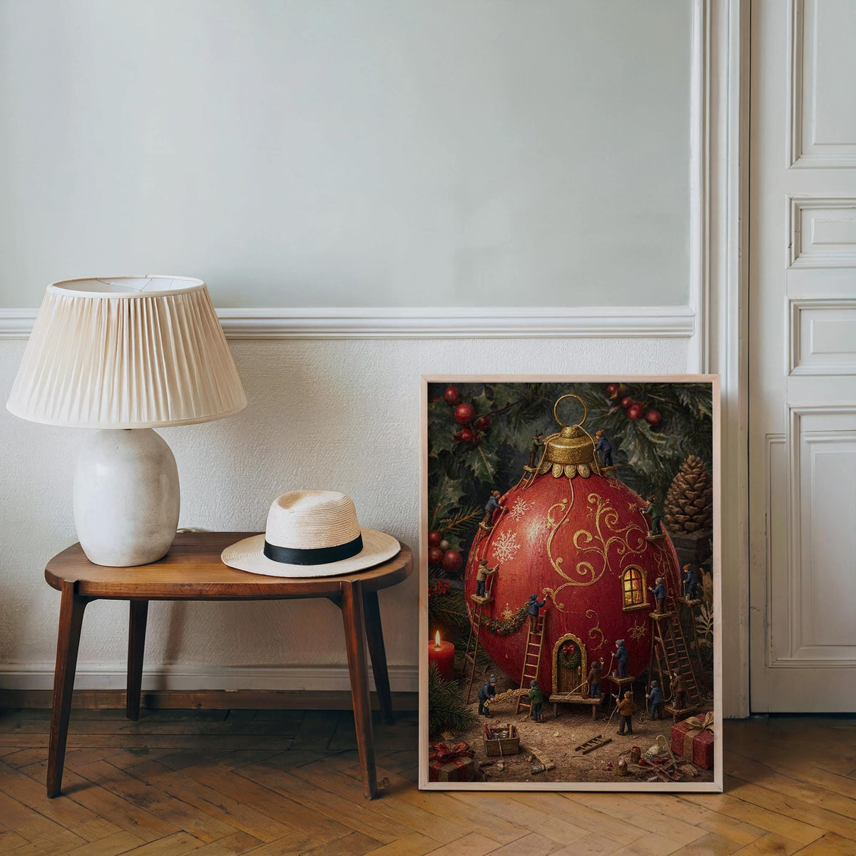 Tiny People Decorating a Giant Christmas Bauble Print, Storybook Holiday Poster, Nostalgic Winter Workshop Wall Art, Xmas Decor