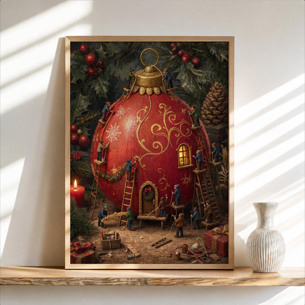 Tiny People Decorating a Giant Christmas Bauble Print, Storybook Holiday Poster, Nostalgic Winter Workshop Wall Art, Xmas Decor