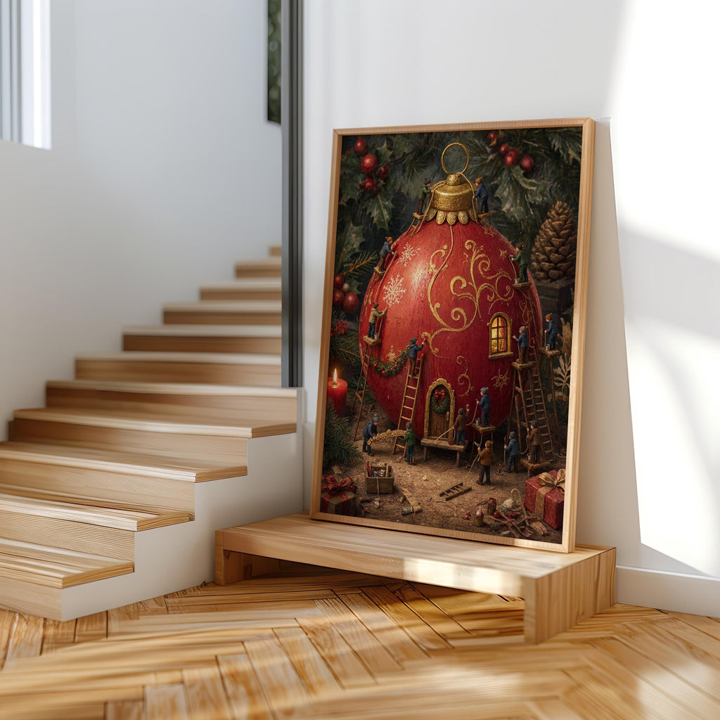 Tiny People Decorating a Giant Christmas Bauble Print, Storybook Holiday Poster, Nostalgic Winter Workshop Wall Art, Xmas Decor