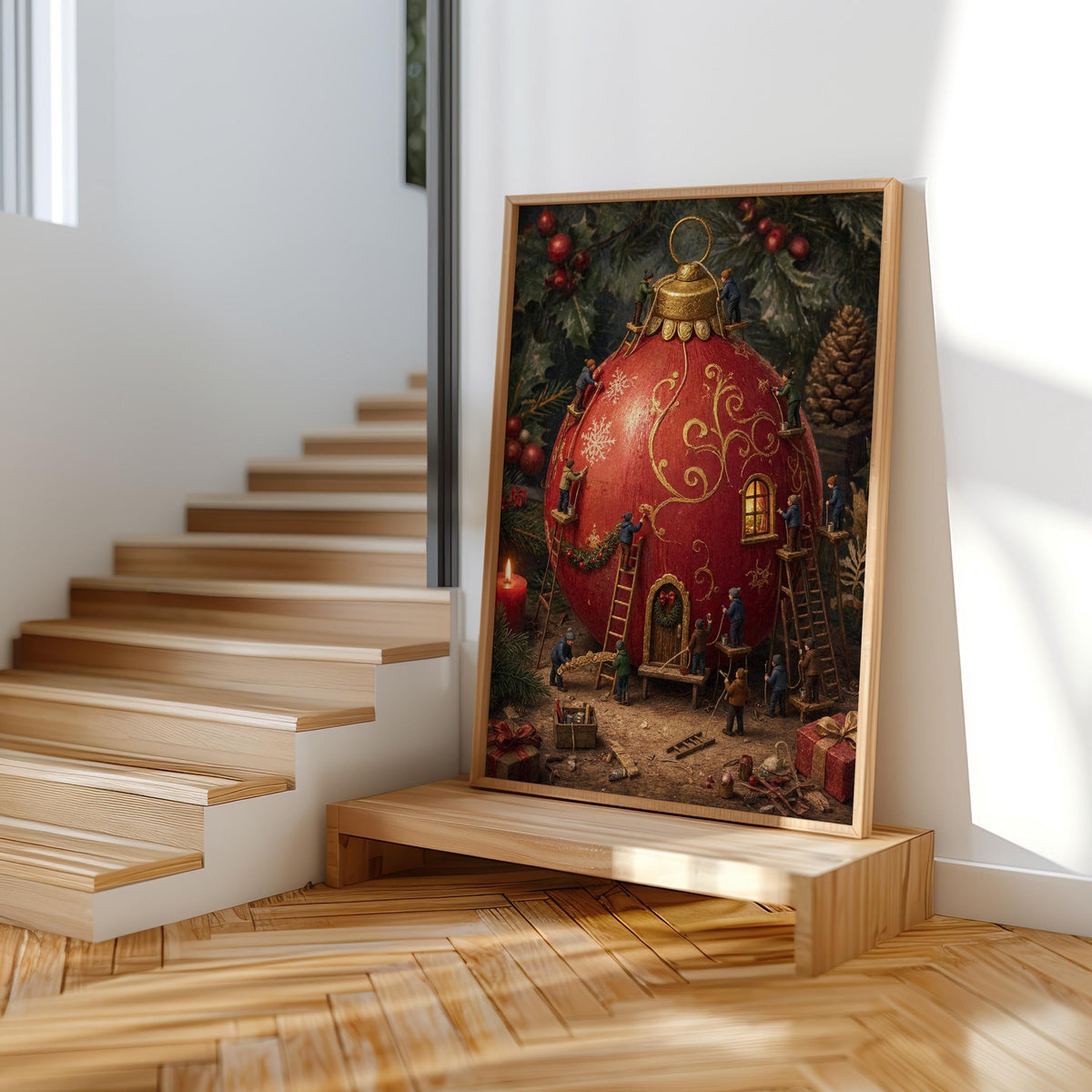 Tiny People Decorating a Giant Christmas Bauble Print, Storybook Holiday Poster, Nostalgic Winter Workshop Wall Art, Xmas Decor