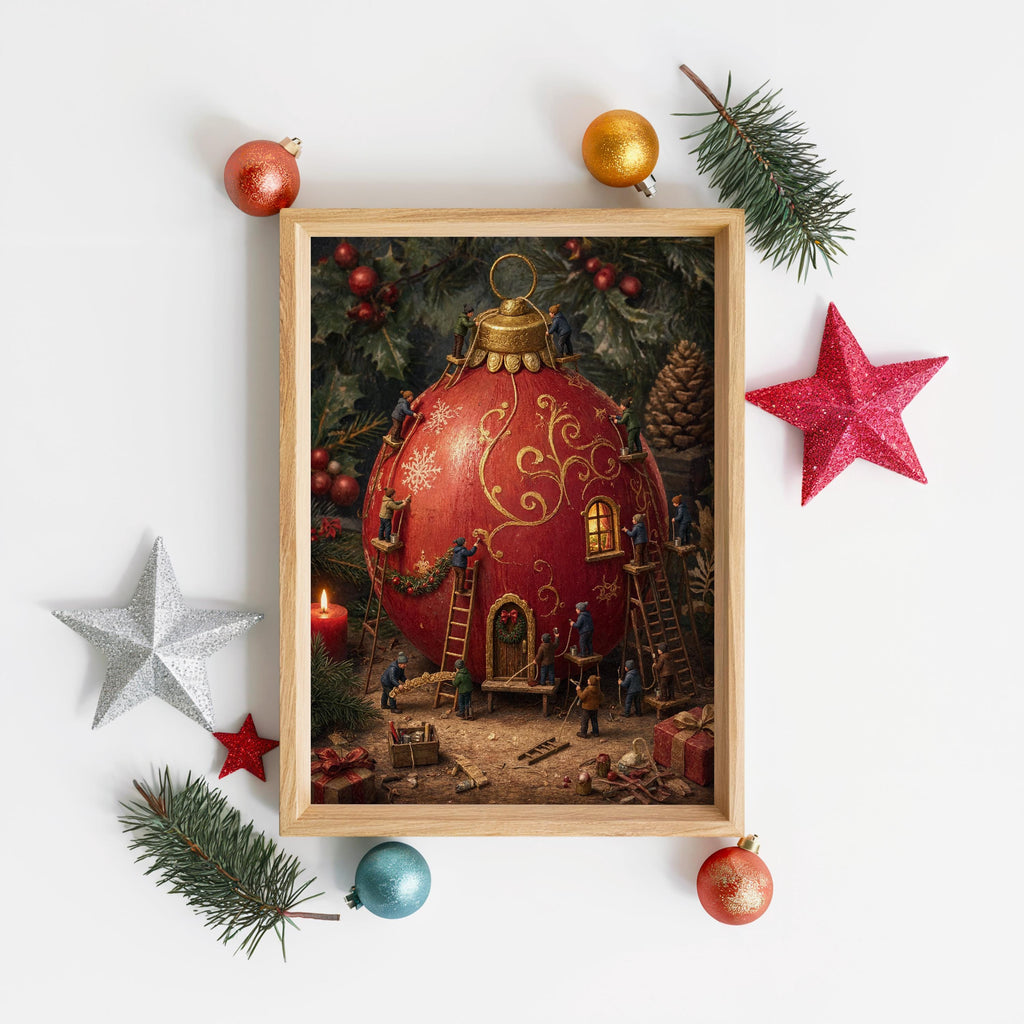 Tiny People Decorating a Giant Christmas Bauble Print, Storybook Holiday Poster, Nostalgic Winter Workshop Wall Art, Xmas Decor