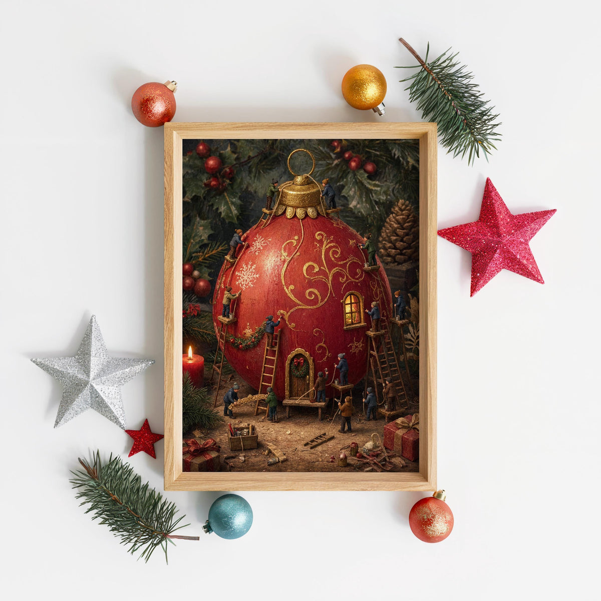 Tiny People Decorating a Giant Christmas Bauble Print, Storybook Holiday Poster, Nostalgic Winter Workshop Wall Art, Xmas Decor