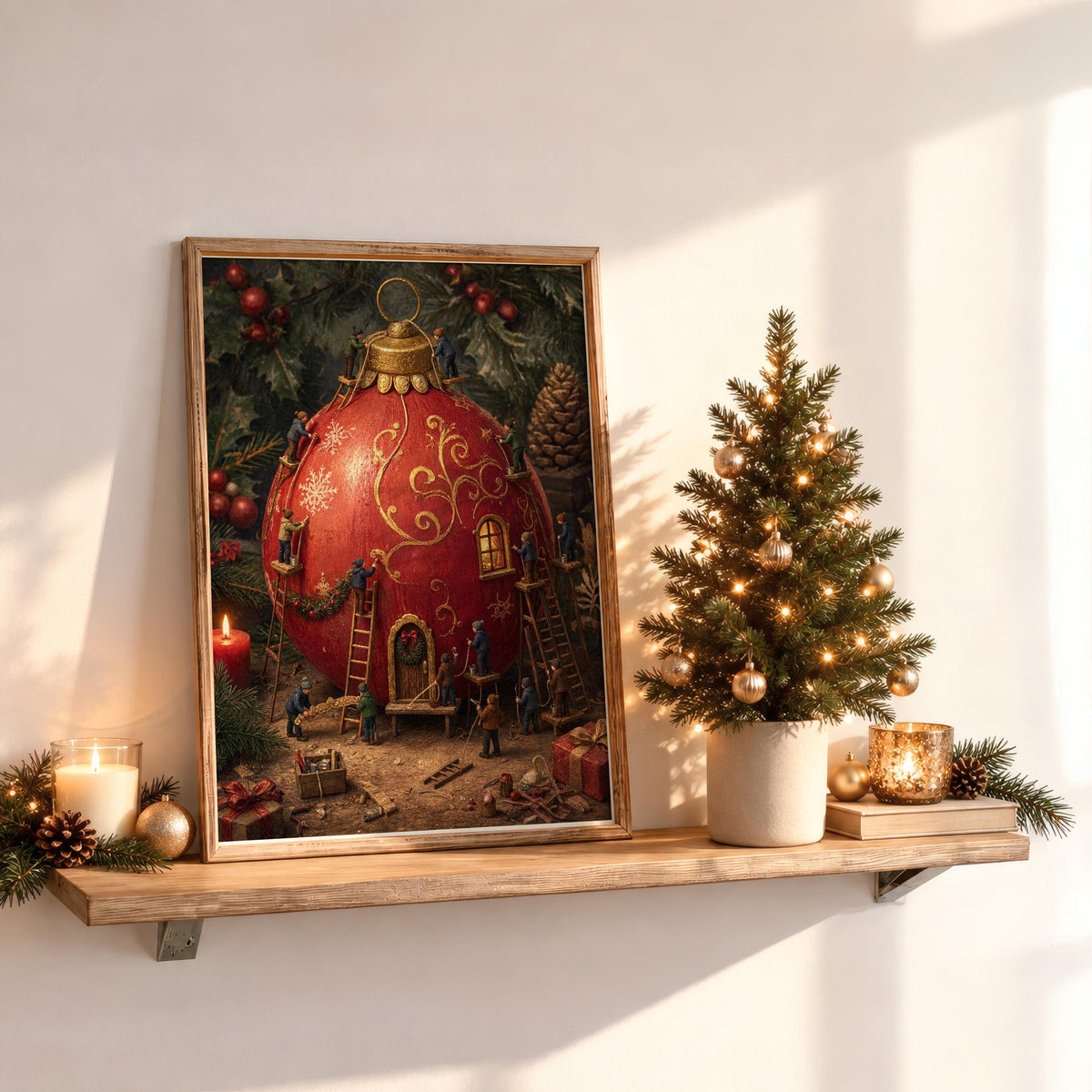 Tiny People Decorating a Giant Christmas Bauble Print, Storybook Holiday Poster, Nostalgic Winter Workshop Wall Art, Xmas Decor