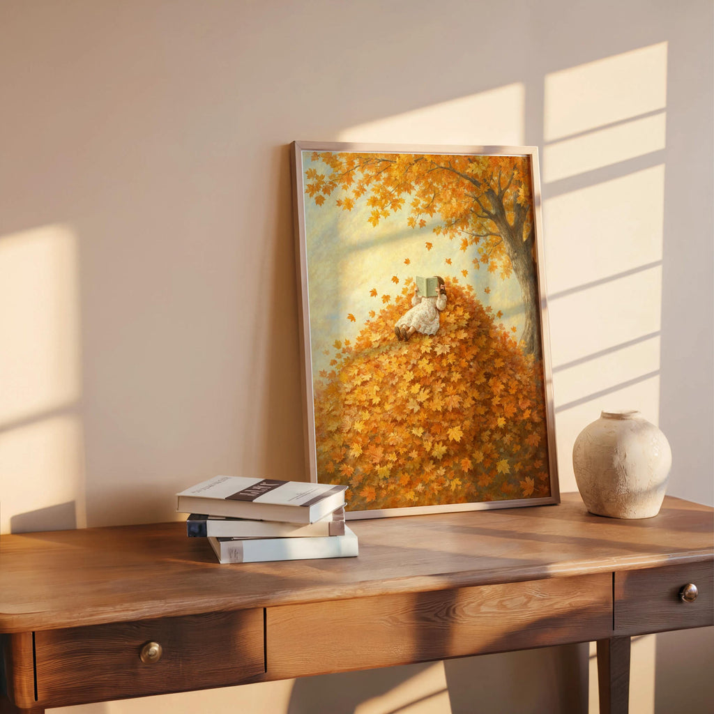 Girl Reading in Autumn Leaves Print, Vintage Storybook Wall Art, Fall Leaf Poster, Cozy Woodland Decor, Book Lover Gift, Botanical Woman